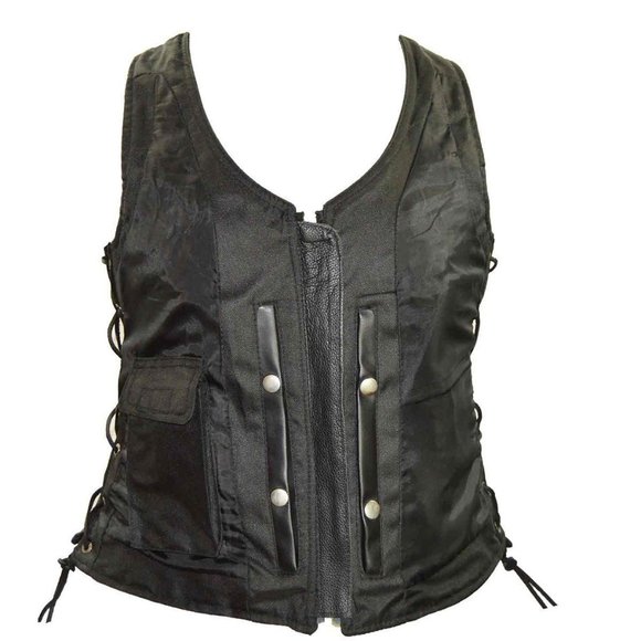 Women's Black Lace Side Zipper Pocket Premium Cowhide Leather Biker Vest - Picture 4 of 13